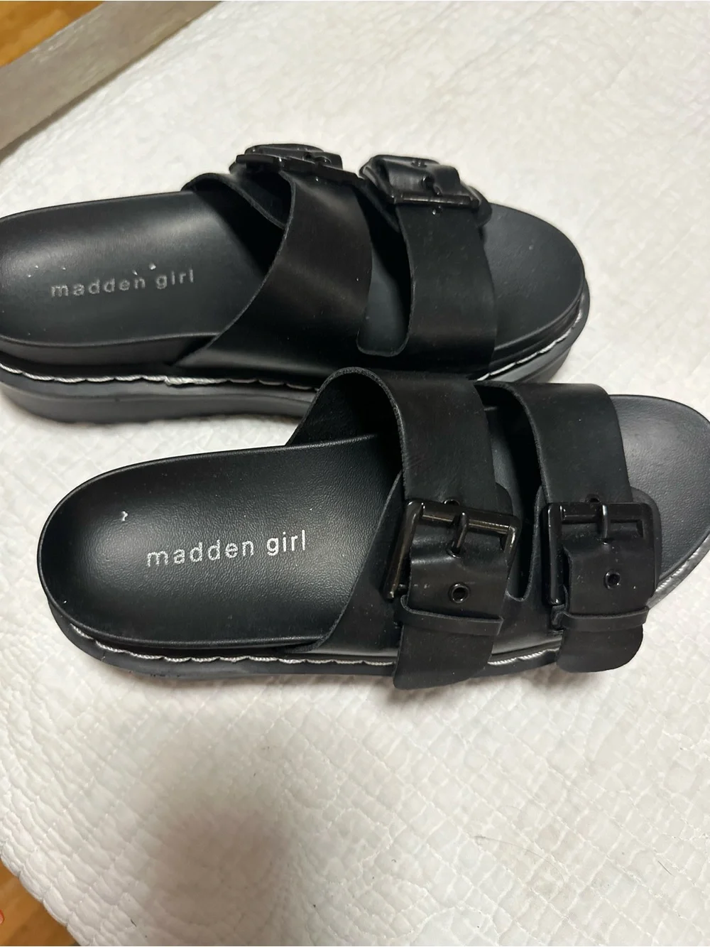 Madden Girl Black Double-Strap Platform Slide Sandals